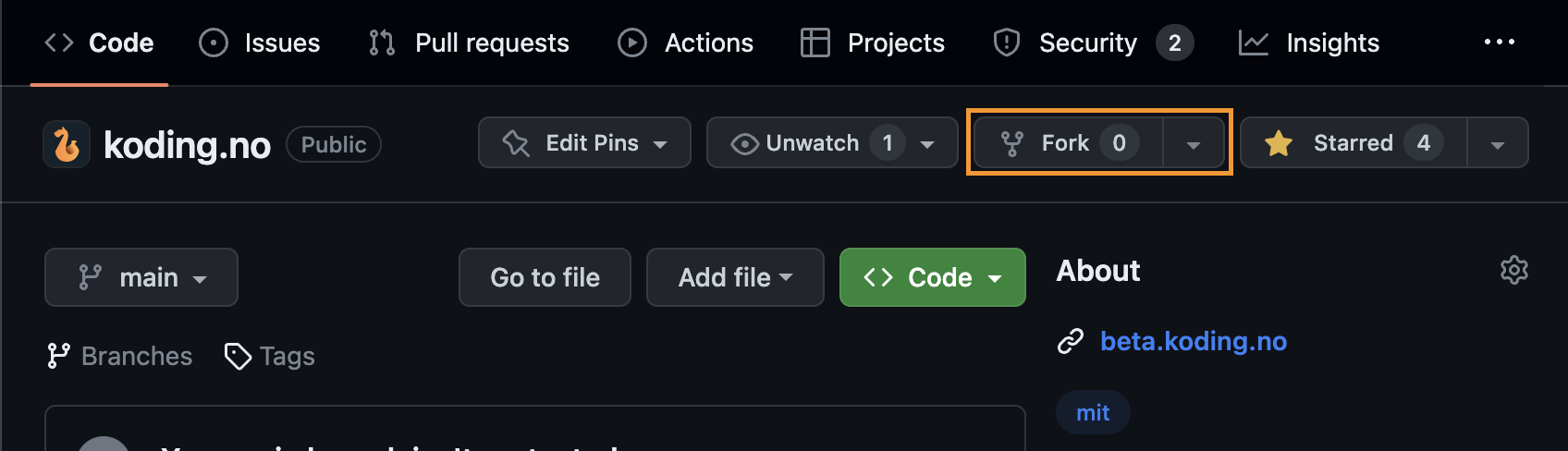 Skjermbilde av Github som viser fork-knappen